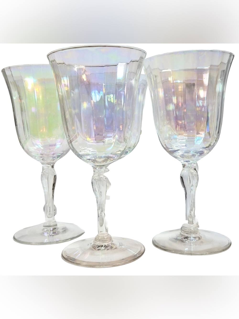 Mid Century Set of 3 Iridescent Rainbow Beveled Tulip Wine Water Glasses